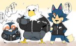 anthro biped bottomless clothed clothing dumbbell featureless_crotch group male text weights hyaku_(artist) animal_crossing nintendo apollo_(animal_crossing) tex_(animal_crossing) wolfgang_(animal_crossing) accipitrid accipitriform avian bald_eagle bird canid canine canis eagle mammal penguin sea_eagle wolf 2020 digital_media_(artwork) japanese_text translation_request