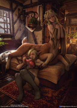 3d_background animal_genitalia animal_penis bed big_penis biped black_clothing black_legwear black_thigh_highs blonde_hair blush bra breasts brown_body brown_fur clothing covering covering_breasts covering_self duo ear_piercing ear_ring equine_genitalia equine_penis erection female female_on_taur fur furniture genitals gynomorph gynomorph/female gynomorph_on_humanoid hair hairy_vulva handjob hooves horn huge_penis humanoid_on_taur intersex intersex/female intersex_on_humanoid larger_gynomorph larger_intersex larger_taur legwear long_hair markings nude_gynomorph nude_taur on_bed penile penis piercing pubes quadruped red_penis ring_piercing scut_tail sex short_tail sitting size_difference smaller_female smaller_humanoid spots spotted_body spotted_fur tail text thigh_highs two-handed_handjob underwear white_body white_fur the_gentle_giant aldair_rottmother teyre_al_nohran deer deer_taur elf humanoid humanoid_taur mammal mammal_taur taur 2026 3d_(artwork) absurd_res digital_media_(artwork) english_text hi_res mixed_media