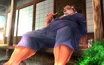 16:10 2013 anthro bear belly big_belly bodily_fluids brown_body brown_fur detailed_background food fruit fur humanoid_hands jinbei_(clothing) kemono male mammal melon oaks16 outside overweight overweight_male plant sitting solo sweat watermelon watermelon_slice widescreen