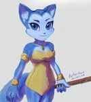 2016 anthro blue_body blue_eyes blue_fur breasts canid canine clothing collarbone dinosaur_planet dress eyebrows female fox fur jewelry krystal_(dinosaur_planet) looking_at_viewer mammal minidress necklace pendant raikoh-illust rareware small_breasts smile solo white_body white_fur