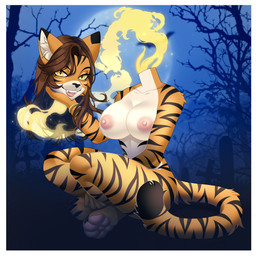 anthro black_ear_tips black_stripes border bracelet breasts brown_hair countershading detachable detachable_head dipstick_ears ear_markings fangs female flaming_neck full_moon gold_(metal) gold_jewelry hair headless holding_head holding_own_head jewelry magic markings modular moon multicolored_ears night nipples open_mouth open_smile orange_body outside pawpads sitting smile smiling_at_viewer solo stripes tan_body tan_countershading teeth white_border kordarin european_mythology irish_mythology mythology tori_taxel dullahan felid mammal pantherine tiger 1:1 2025 absurd_res hi_res