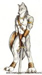 2001 angela_butt anthro bottomwear braided_hair brown_bottomwear brown_clothing brown_loincloth canid canine canis claws clothing colored_pencil_(artwork) digitigrade full-length_portrait fur grey_body grey_fur grey_hair hair hindpaw holding_melee_weapon holding_object holding_shield holding_sword holding_weapon humanoid_hands jewelry loincloth male mammal melee_weapon navel necklace nipples paws portrait shaded shield shoulder_strap simple_background snout solo standing sword tail toe_claws traditional_media_(artwork) weapon white_background white_body white_fur wolf