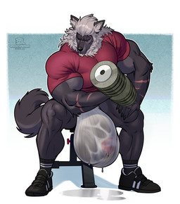 anthro balls_outline big_bulge big_muscles biped bodily_fluids bottomwear bulge claws clothing detailed_bulge exercise flaccid footwear fur genital_fluids genital_outline genitals hair huge_bulge huge_muscles hyper hyper_bulge logo long_hair male male_anthro muscular muscular_anthro muscular_male paws penis penis_outline plantigrade precum red_clothing red_shirt red_topwear scar shirt shoes shorts sitting sneakers socks solo sweat tail text topwear translucent translucent_clothing weightlifting weights workout boosterpang canid canine canis mammal wolf 2025 artist_logo english_text hi_res japanese_text