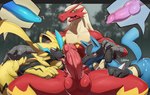 2021 animal_genitalia animal_penis anthro balls black_body blaziken blue_body blue_eyes canine_genitalia canine_penis generation_3_pokemon generation_4_pokemon generation_7_pokemon genitals group group_sex hidoritoyama knot knot_root legendary_pokemon licking lucario male male/male multicolored_body nintendo open_mouth oral penis pokemon pokemon_(species) red_body red_eyes sex tan_body threesome tongue tongue_out yellow_body yellow_sclera zeraora