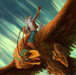 5_fingers anthro beak brown_body brown_feathers clothed clothing duo feathered_wings feathers feral fingers flying male on_top open_mouth riding spread_wings straddling tail wings yellow_beak alradeck conditional_dnp avian bird canid canine fox grey_fox mammal urocyon 2010 digital_media_(artwork) hi_res