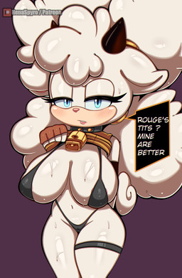 anthro big_breasts bikini biped black_clothing bodily_fluids breasts clothed clothing clothing_lift dialogue eyelashes female hair looking_at_viewer pupils shirt shirt_lift simple_background solo speech_bubble sweat swimwear text thick_thighs topwear two-piece_swimsuit renaspyro idw_publishing sega sonic_the_hedgehog_(comics) sonic_the_hedgehog_(idw) sonic_the_hedgehog_(series) lanolin_the_sheep_(sonic) bovid caprine mammal sheep absurd_res english_text hi_res