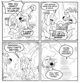 bathing belly butt dialogue horn male nipples nude romantic romantic_couple shower showering slightly_chubby steam text zurdomon mokka_(mokkabron) zurdo_(zurdomon) bovid caprine goat hyena mammal comic english_text monochrome
