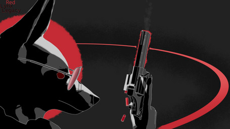 ambiguous_gender anthro eyewear glasses gun handgun holding_gun holding_object holding_ranged_weapon holding_weapon ranged_weapon reloading revolver simple_background solo stylized text weapon redlynxlegacy canid canine canis coyote mammal 16:9 2025 3d_(artwork) absurd_res blender_(artwork) blender_eevee_(artwork) digital_media_(artwork) english_text hi_res signature widescreen