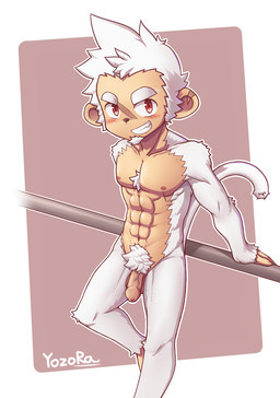 abs beard facial_hair facial_scar flaccid foreskin fur genitals goatee grin leaning male navel nipples penis pubes red_eyes scar smile solo standing white_body white_fur impyozora haplorhine mammal monkey primate