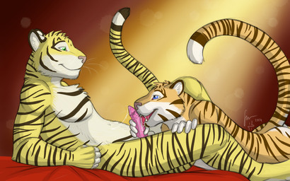 anthro anthro_on_anthro between_legs blue_eyes bodily_fluids cum cum_string duo fangs fur genital_fluids genitals green_eyes head_tuft licking male male/male markings nude open_mouth oral orange_body orange_fur penile penile_spines penis penis_lick pink_penis reclining red_tongue sex simple_background striped_arms striped_body striped_fur striped_legs striped_markings striped_tail stripes tail tail_markings teeth tongue tongue_out tuft white_body white_fur yellow_body yellow_fur hufnaar hufnaar_(character) ulbrek felid mammal pantherine tiger 16:10 widescreen