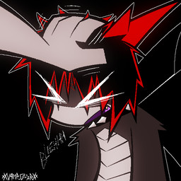 >_< ambiguous_gender anthro black_background black_hair black_wings bleh bloom collar duo eyes_closed facial_scar fangs forehead_scar grey_body grey_scales hair headpat highlights_(coloring) horn motion_lines one_fang outline questionable_consent red_highlights red_horn ruffling_hair scales scar sharp_horn simple_background skinny spiked_collar spikes teeth text white_outline wings xxv4mp_g4z3rxx mythology violet_redfern ambiguous_species anthro_dragon dragon mythological_creature mythological_scalie scalie 1:1 2026 digital_drawing_(artwork) digital_media_(artwork) english_text signature