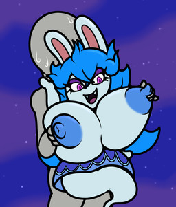 ambiguous_gender anthro areola big_breasts blue_areola blue_hair blue_nipples bodily_fluids breast_grab breasts clothed clothing dress duo fangs female female/ambiguous grey_body hair hand_on_breast huge_breasts human_on_anthro interspecies long_hair night nipple_fetish nipple_pinch nipple_play nipples noseless nude open_mouth pinch purple_eyes sweat teeth topless white_body mr.under mario_plus_rabbids_sparks_of_hope nintendo raving_rabbids rayman_(series) ubisoft midnite_(mario_plus_rabbids) ghost human hybrid lagomorph mammal rabbid spirit 2022 colored digital_drawing_(artwork) digital_media_(artwork) english_description hi_res