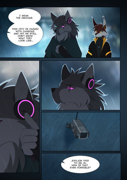 advanced anthro camera clothing dialogue duo ear_tuft ears_up eye_scar facial_scar glowing heterochromia male night offscreen_character offscreen_male orange_eyes outside raining redneck scar security security_camera storm storm_clouds technology text tuft rednroge canid canine canis fox mammal comic english_text hi_res