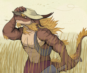 2_horns abs anthro arm_tuft beard blonde_hair bottomwear braided_hair brown_body brown_horn clothed clothing elbow_tuft facial_hair fangs farm farmer goatee hair hat head_horn headgear headwear holding_clothing holding_hat holding_headgear holding_headwear holding_object holding_shovel holding_tool horn long_hair long_horn male muscular muscular_arms navel object_in_mouth outside overbite pecs pubes serious shovel sky solo striped_body stripes tail_mane teeth tools topless tuft wheat wheat_in_mouth wind yellow_eyes yellow_sky elhaz mythology dragon mythological_creature mythological_scalie scalie wingless_dragon 2026 digital_media_(artwork) hi_res signature