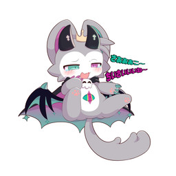anthro black_horn blush bodily_fluids brush fur grey_body grey_fur heterochromia horn laugh male paws solo tears text young neisawa devil_connection makemon mythology devilun_(makemon) bat canid canine demon mammal 1:1 hi_res japanese_text
