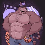 abs abstract_background anthro barazoku biceps big_muscles bottomwear candy clothed clothing denim denim_bottomwear denim_clothing dessert food frown fur hair holding_object holidays huge_muscles jack-o'-lantern jeans male mask muscular muscular_anthro muscular_male narrowed_eyes navel pants pecs simple_background solo standing topless topless_anthro topless_male trick-or-treating tuft stompsyeen halloween canid canine fox mammal 2023 hi_res watermark