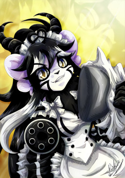 aiming_at_viewer anthro black_hair black_markings clothing female gatling_gun gradient_eyes grin grinning_at_viewer gun gun_arm hair horn looking_at_viewer machine_gun maid_headdress maid_uniform markings minigun ranged_weapon round_ears smile smiling_at_viewer solo uniform weapon weapon_arm white_body yukariasano maid_velatis velatis_ferio_caedo unknown_species half-length_portrait hi_res portrait signature