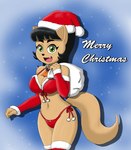 anthro armwear bikini bikini_bottom bikini_top black_hair christmas_clothing christmas_headwear clothing elbow_gloves female gloves hair handwear hat headgear headwear holidays santa's_sack santa_hat smile snow snowing solo swimwear text two-piece_swimsuit mrsrlord christmas nickelodeon t.u.f.f._puppy kitty_katswell domestic_cat felid feline felis mammal 2019 english_text portrait three-quarter_portrait