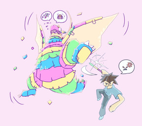 ambiguous_gender begging begging_for_mercy chasing claws clothed clothing club_(weapon) cross-popping_vein duo feral hair horn iconography implied_transformation male melee_weapon membrane_(anatomy) membranous_wings multicolored_body open_mouth paper pinata pinata_transformation rainbow_body speech_bubble spikes stick tape weapon wings kareha_21909 european_mythology mythology animate_inanimate dragon human living_pinata mammal mythological_creature mythological_scalie scalie western_dragon wyvern hi_res