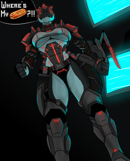 angry anthro armor breasts cybernetics female food glowing hot_dog low-angle_view machine mantis_blades screen solo under_boob azurian lizard reptile scalie absurd_res hi_res