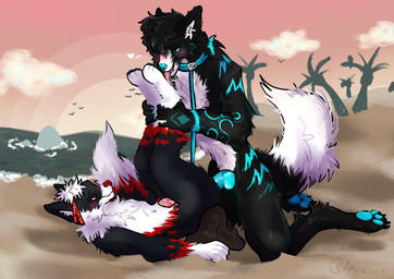 anthro beach duo feet foot_fetish foot_lick leash leash_pull licking male male/male paws sand sea sunset tongue water canid canine canis fox mammal wolf hi_res