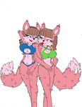 anthro archie_comics big_breasts bikini blue_eyes breasts canid canine canis clothing digital_media_(artwork) english_text female female/female fur group hair hi_res leeta_wolf_(character) lyco_wolf_(character) mammal pink_body pink_fur sega sibling_(lore) sister_(lore) sisters_(lore) sonic_the_hedgehog_(archie) sonic_the_hedgehog_(comics) sonic_the_hedgehog_(series) superbunnygt swimwear text twins_(lore) wolf