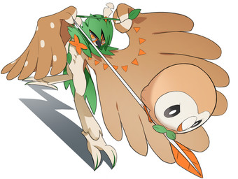 ambiguous_gender anthro arrow_(weapon) bow_(weapon) duo feathers feral foreshortening high-angle_view looking_offscreen ranged_weapon simple_background weapon white_background tjf2468 nintendo pokemon decidueye generation_7_pokemon pokemon_(species) rowlet