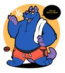 anthro belly blue_body bottomwear clothing dialogue ear_piercing ear_ring male open_mouth overweight overweight_male piercing ring_piercing shorts simple_background solo text towel towel_on_shoulder c-trigger mammal murid murine rat rodent 2024 english_text hi_res