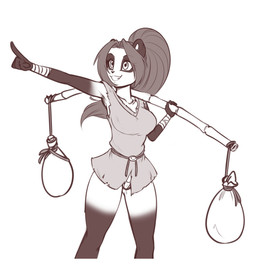 5_fingers :3 accessory anthro arm_wraps bamboo belt black_body black_fur black_hair black_nose breasts camel_toe carrying_another chest_tuft clothed clothing countershade_face countershading female fingers fur gesture hair hand_gesture jug long_hair looking_aside medium_breasts pantsless pointing ponytail rope sack shirt shoulder_carry simple_background solo standing teeth tiny_panties toothy_grin topwear torn_clothing torn_shirt torn_topwear tuft underwear upskirt wraps scorpdk blizzard_entertainment warcraft lei_lei bear mammal pandaren 2023 digital_drawing_(artwork) digital_media_(artwork) hi_res monochrome