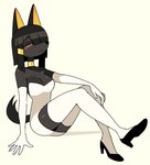 5_fingers absolute_territory anthro armwear black_body black_clothing black_footwear black_fur black_hair black_high_heels black_nose black_tail breasts clothed clothed_anthro clothed_female clothing elbow_gloves female female_anthro fingers footwear front_view fur glistening glistening_eyelids glistening_hair gloves gold_(metal) hair handwear high_heels legwear looking_down mouth_closed narrowed_eyes shoes simple_background sitting solo tail thigh_highs white_armwear white_clothing white_elbow_gloves white_gloves white_handwear white_legwear white_thigh_highs dvampiresmile jasmine_(dvampiresmile) anubian_jackal canid canine canis jackal mammal 2022 digital_drawing_(artwork) digital_media_(artwork) full-length_portrait portrait three-quarter_portrait