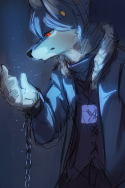 anthro blue_body blue_clothing blue_fur blue_hair blue_jacket blue_topwear bound chain chained clothed clothing cuff_(restraint) ear_piercing fur hair jacket male mouth_closed narrowed_eyes piercing purple_clothing purple_topwear red_eyes restraints shackles simple_background solo topwear white_body white_fur kuttoyaki canid mammal absurd_res hi_res