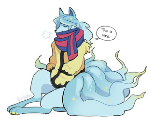 ambiguous_gender black_nose blue_body blue_fur blue_scarf bottomless bottomless_ambiguous breath cheek_tuft clothed clothing dialogue digitigrade dipstick_tail eyes_closed facial_tuft feral fluffy fluffy_tail fur gym_leader hand_in_pocket jacket male markings multi_tail pockets red_scarf scarf semi-anthro simple_background sitting smile snout solo speech_bubble tail tail_markings text topwear tuft white_background yellow_clothing yellow_jacket_(clothing) yellow_topwear yenkoby nintendo pokemon grusha_(pokemon) alolan_form alolan_ninetales generation_7_pokemon pokemon_(species) regional_form_(pokemon) english_text hi_res shaded signature
