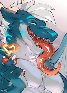anthro blue_body blue_fur bodily_fluids cheek_tuft chest_tuft chin_tuft facial_tuft fangs finger_heart fur glistening glistening_eyes hair horn looking_at_viewer male male_anthro membrane_(anatomy) membranous_wings muscular muscular_anthro muscular_male narrowed_eyes neck_tuft nude open_mouth pecs pupils saliva saliva_on_tongue saliva_string simple_background slit_pupils solo teeth tongue tongue_out tuft white_body white_fur white_hair white_wings wings yellow_eyes famir mythology dragon mythological_creature mythological_scalie scalie hi_res