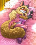 anthro bed bedroom bedroom_eyes black_body black_ears black_fur black_markings black_nose blonde_hair blue_eyes blush breasts claws clothing detailed_background digit_ring eyelashes female finger_claws fur fur_markings furniture gloves_(marking) hair half-closed_eyes inside jewelry leg_markings legwear lingerie long_hair looking_at_viewer markings messy_hair multicolored_body multicolored_fur narrowed_eyes nightgown on_bed orange_body orange_fur orange_tail panties pillow pink_bed pink_bedding pink_body pink_clothing pink_fur pink_inner_ear pink_panties pink_pillow pink_underwear ring seductive snout socks_(marking) solo stockings tail translucent translucent_clothing translucent_legwear translucent_stockings underwear wedding_ring whiskers white_body white_breasts white_fur wood kitsune_youkai firecat canid canine fox mammal 2024 digital_media_(artwork)