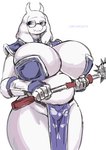 2_horns 5_fingers anthro armor belly belly_squish big_breasts bikini_armor biped blue_eyes blush blush_lines bottomwear breast_squish breasts cleavage clothed clothing curvy_figure eyelashes eyewear fangs female female_anthro fingers floppy_ears fur gauntlets glasses gloves handwear holding_mace holding_melee_weapon holding_object holding_weapon horn huge_breasts inner_boob loincloth looking_at_viewer lop_ears mace mature_anthro mature_female melee_weapon navel pauldron simple_background skimpy slightly_chubby slightly_chubby_anthro slightly_chubby_female solo squish standing teeth thick_thighs unconvincing_armor vambrace voluptuous voluptuous_anthro voluptuous_female weapon wearing_glasses white_background white_body white_ears white_face white_fur white_horn wide_hipped_anthro wide_hipped_female wide_hips lemonbizate undertale_(series) toriel boss_monster_(undertale) bovid caprine goat mammal 2024 absurd_res artist_name digital_drawing_(artwork) digital_media_(artwork) hi_res portrait sketch three-quarter_portrait