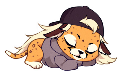 anthro backwards_baseball_cap backwards_hat baseball_cap cat_tail chibi clothing ears_down feet female fur hair happy hat headgear headwear hoodie long_hair orange_body orange_fur pivoted_ears sleeping smile solo tail tomboy topwear white_body white_fur white_hair someone1912 alex_(itsnafulol) cheetah domestic_cat felid feline felis mammal