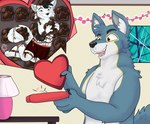 anthro blush candy chocolate dessert duo food food_fetish food_play gift grin heart_symbol holidays looking_down looking_up male micro open_mouth simple_background size_difference smile window izzyhime valentine's_day canid canine canis mammal wolf