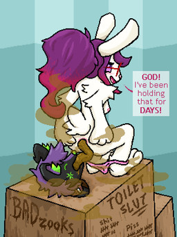 anthro anus black_body black_fur breasts butt crowning_feces duo fart fart_cloud fart_fetish fart_sniffing farting_in_mouth farting_on_another farting_on_face feces feces_in_ass feces_in_mouth feces_on_face female fur green_nose male male/female pink_nose scatplay sniffing text toilet toilet_slave white_body white_fur badzooks calypso_(stinky_fen) jasmine_(floofer318) lagomorph leporid mammal mephitid rabbit skunk 3:4 absurd_res english_text hi_res