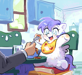 ambiguous_gender ambiguous_human bib blue_eyes blush book chair container cup cutlery daww detailed_background dirty eyelashes featureless_crotch featureless_feet featureless_hands feeding feet feral food fork fur furniture glass glass_container glass_cup good_parenting hair happy heart_symbol holding_fork holding_object kitchen_utensils mostly_offscreen_character open_mouth pasta picture_on_wall purple_hair purple_tail shelf sitting sitting_on_book spaghetti spread_arms tail toddler tools water white_body white_fur window wings young young_feral sheep-kinta fluffy_pony fluffy_pony_(species) human mammal 2024 digital_media_(artwork) hi_res shaded