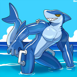 4_fingers anthro black_eyes blue_body cloud fingers hypnotic_eyes inflatable long_tail male markings sea sharp_teeth sky smile solo tail teeth water yellow_eyes hacony animate_inanimate aquatic fish living_inflatable shark 1:1 2026 hi_res