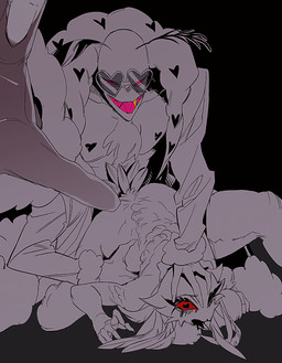 ambiguous_penetration anthro anthro_on_anthro beak bodily_fluids breasts clothed clothing doggystyle duo eyewear fangs feathers female female_penetrated from_behind_position glasses heart_eyes heart_symbol interspecies looking_at_viewer looking_pleasured male male/female male_penetrating male_penetrating_female mature_female mature_male multi_arm multi_limb open_mouth open_smile partially_clothed penetration pink_eyes red_eyes saliva sex simple_background smile tape teeth thick_thighs wide_hips o3t hazbin_hotel hellaverse helluva_boss stella_(helluva_boss) valentino_(hazbin_hotel) arthropod avian demon insect lepidopteran moth hi_res