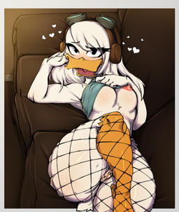 anthro beak blush breasts clothed clothing clothing_lift eyewear feathers female fishnet_clothing fishnet_legwear furniture genitals glistening glistening_body goggles hair hat headgear headwear heart_eyes heart_symbol humanoid_genitalia humanoid_vulva inside legwear looking_at_viewer lying nipples non-mammal_breasts non-mammal_nipples on_back one_breast_out open_beak open_mouth shirt shirt_lift skindentation sofa solo squish tail tail_feathers thick_thighs thigh_squish topwear under_boob vulva white_body white_feathers white_hair avante92 disney ducktales ducktales_(2017) della_duck anatid anseriform avian bird duck 2019 digital_media_(artwork) hi_res signature