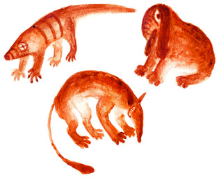 ambiguous_gender blood blood_painting bodily_fluids claws digitigrade feral floppy_ears group looking_at_viewer looking_down trio ink-the-artist ambiguous_species armadillo lagomorph leporid mammal rabbit xenarthran 2024 hi_res traditional_media_(artwork)