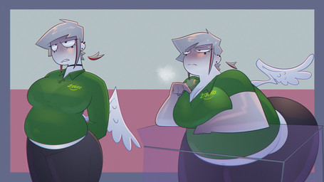 anthro belly big_belly biped boots bottomwear clothed clothing convenience_store ear_piercing female footwear grey_body hair multiple_poses navel one_wing overweight pants piercing pose sad shirt shoes short_hair simple_background slightly_chubby solo t-shirt text topwear underwear weight_gain ladyluckfate zabka fate_(ladyluckfate) angel humanoid 16:9 2024 hi_res polish_text widescreen