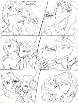 anthro bodily_fluids crying dialogue duo eyebrows facial_markings female feral hair head_markings hooves horn humanoid_hands humanoid_pointy_ears kiss_on_lips kissing male male/female markings pointy_ears ponytail pre-g4 smile speech_bubble tears text wavy_mouth qwaychou hasbro my_little_pony mythology earth_pony equid equine horned_humanoid horse humanoid mammal mythological_creature mythological_equine pony unicorn 2006 comic english_text hi_res monochrome traditional_media_(artwork)