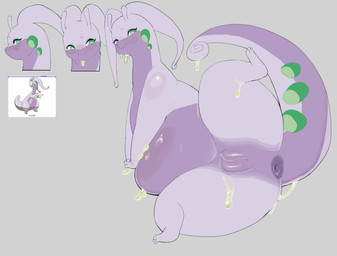 antennae_(anatomy) anthro anus female genitals green_eyes green_spots grey_body looking_at_viewer lying multicolored_body multicolored_skin purple_anus purple_body purple_skin purple_vulva raised_leg simple_background slightly_chubby slightly_chubby_anthro slightly_chubby_female slime slimy_skin smile snout solo spots spread_legs spreading tail thick_tail vulva skeleton265 nintendo pokemon generation_6_pokemon goodra pokemon_(species) hi_res