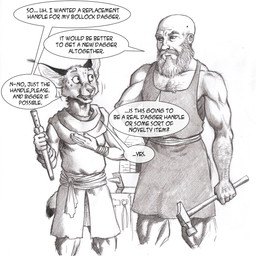 5_fingers anthro anvil apron bald beard bodily_fluids bollock_dagger clothed clothing dagger dark_body dark_fur dialogue duo ear_tuft facial_hair female fingers fur hammer holding_dagger holding_hammer holding_melee_weapon holding_object holding_tool holding_weapon male melee_weapon open_mouth shirt speech_bubble sweat sweatdrop teeth text tongue tools topwear tuft tunic weapon 0laffson caracal caracal_(genus) felid feline human mammal 2019 english_text greyscale monochrome