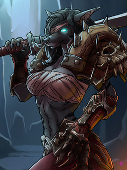 abs anthro big_breasts black_hair black_nose blue_eyes breasts chest_wraps claws clothed clothed_anthro clothed_female clothing ear_piercing ear_ring eye_wraps facial_piercing female finger_claws fingers fur glowing glowing_eyes grey_body grey_fur hair humanoid_hands melee_weapon nose_piercing nose_ring piercing ring_piercing septum_piercing septum_ring shoulder_pads solo sword weapon wraps np4tch blizzard_entertainment warcraft canid mammal werecanid werecreature worgen 3:4 hi_res