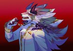 4_fingers anthro clothing fingers fur horn looking_at_viewer male open_mouth red_eyes solo striped_body striped_fur stripes tuft white_body white_clothing white_fur uya_kyo lifewonders tokyo_afterschool_summoners bael_(tas) canid canine canis demon jackal mammal 2023