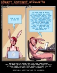 anthro chair clothing comic comment commentary computer creepy ear_piercing electronics english_text fabinella female food fruit fur furniture hair humor lady_snakebite lagomorph laptop leporid mammal nude office_chair pear piercing pink_body pink_fur plant profanity rabbit red_eyes red_hair shirt solo text tissue topwear
